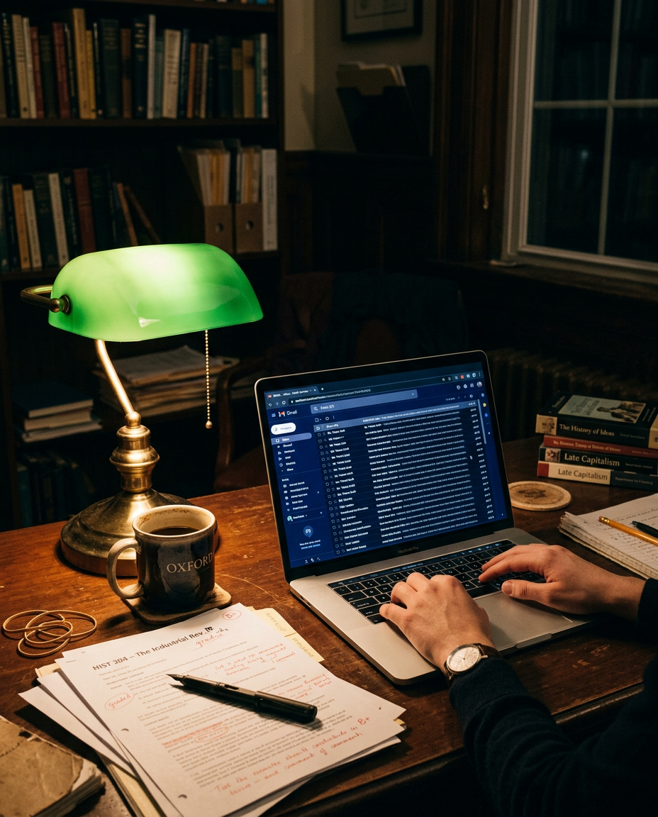 Laptop glowing with a long email inbox in a dark office at night