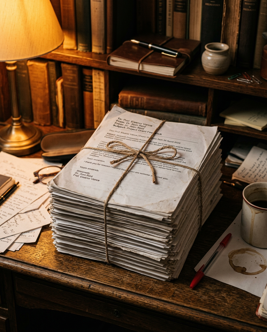 Thick stack of printed emails bound with twine on a professor's desk