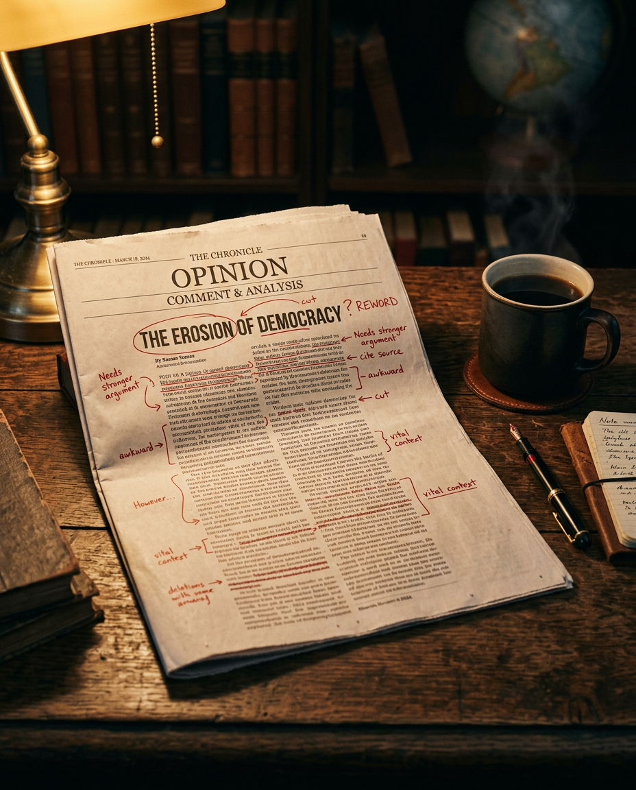 Newspaper opinion page marked up with red pen edits