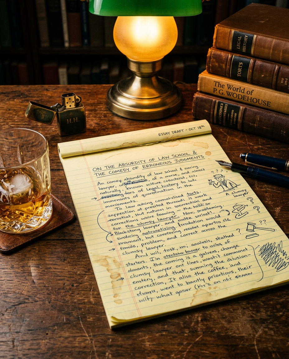 Handwritten comedic essay draft on a legal pad beside a whiskey glass