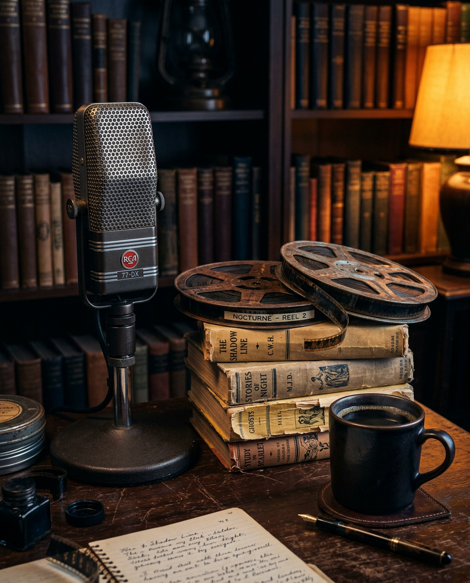 Vintage broadcast microphone beside film reels and worn paperbacks