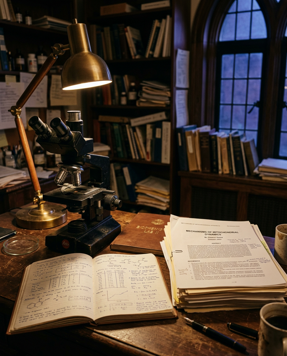 Microscope beside lab notebooks and stacked research preprints