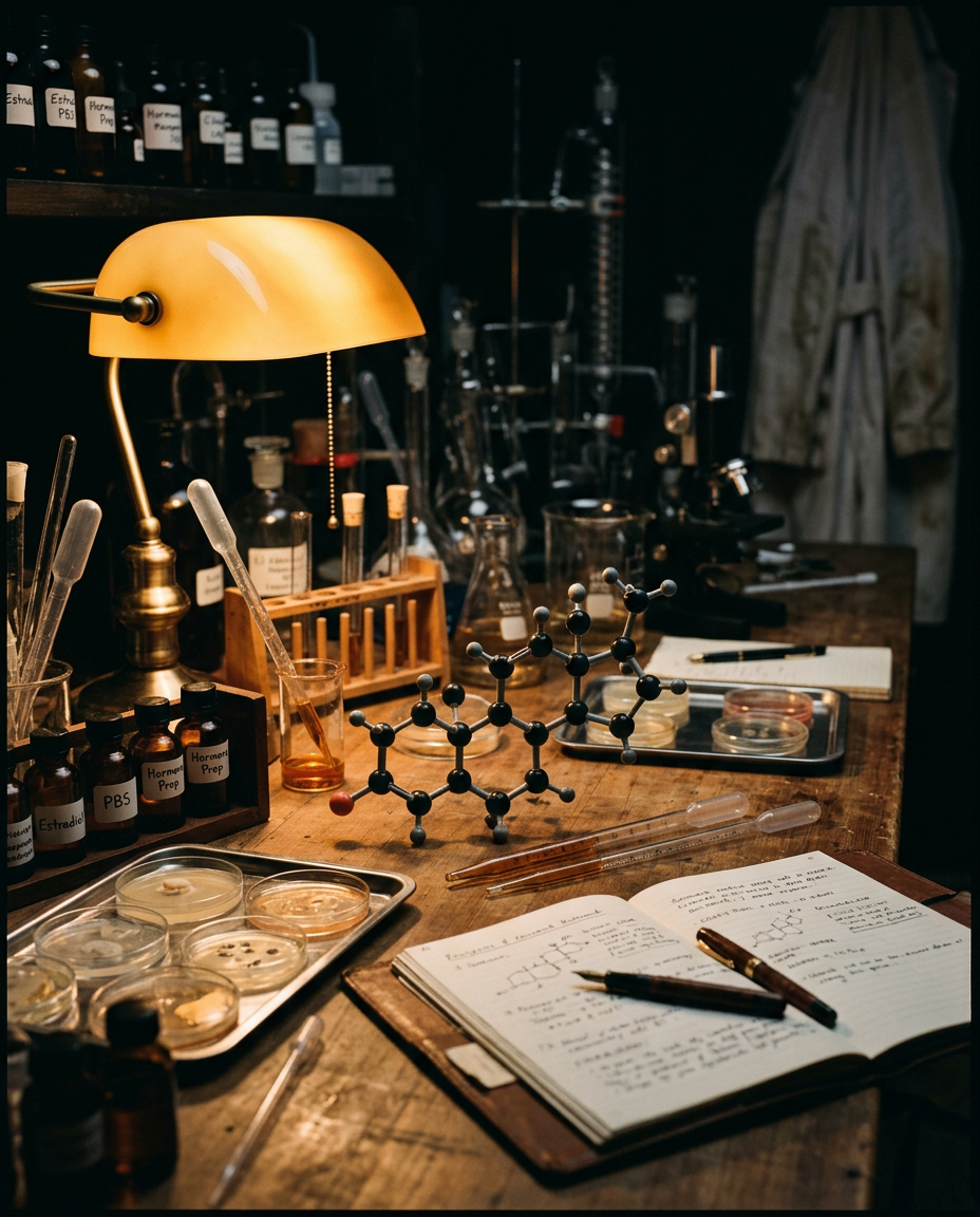 Molecular biology lab bench at night with amber lamp and hormone model