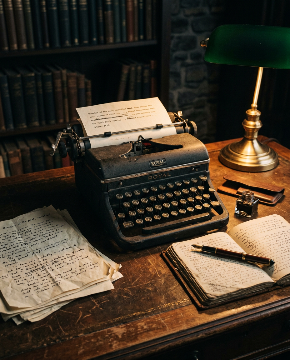 Vintage typewriter and fountain pen on a dark leather writing desk